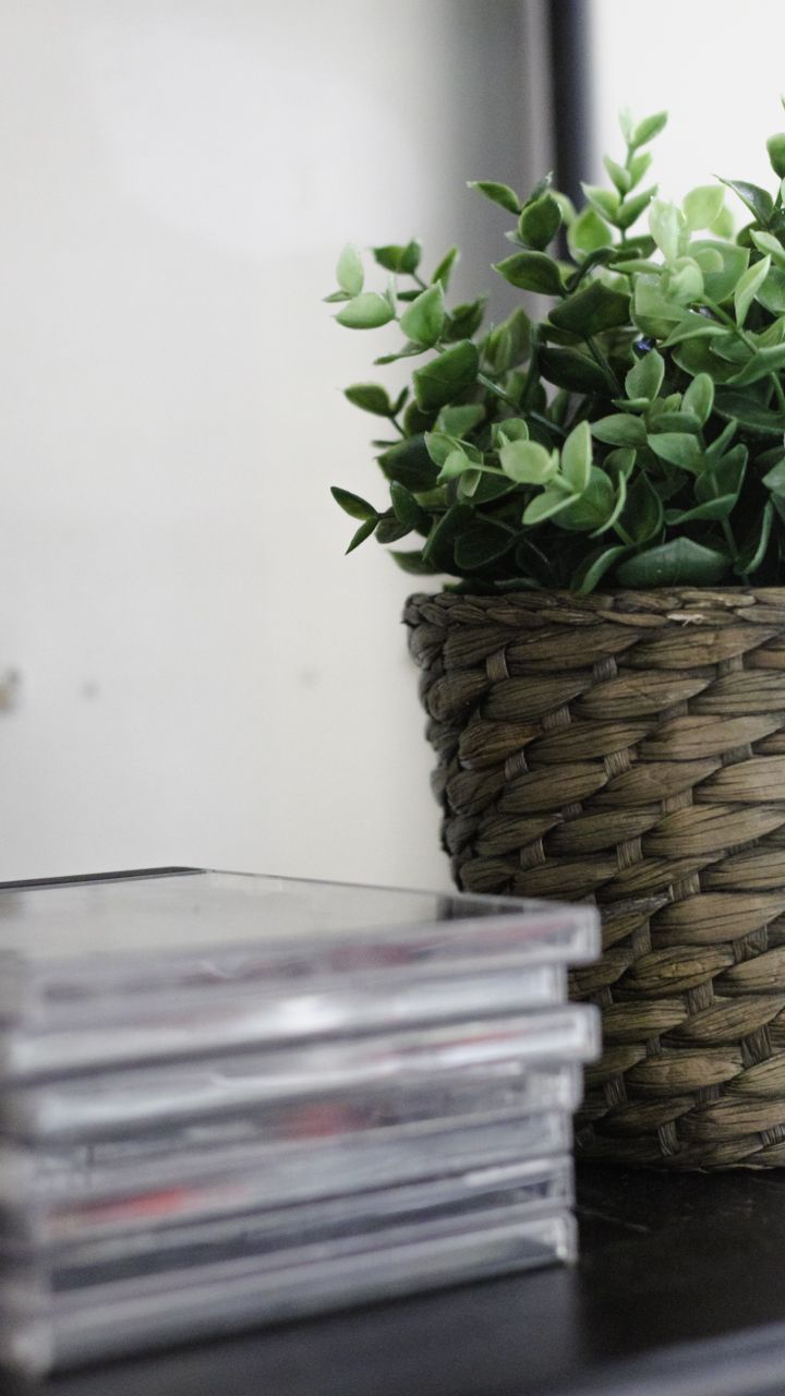 Woven seagrass storage baskets holding extra coffee supplies on open shelving in an office coffee bar