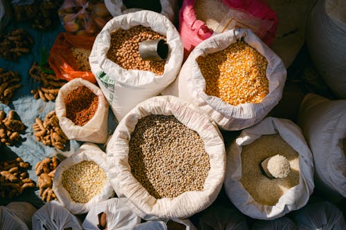 Top View of Bags with Grain on a Bazaar 