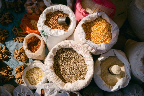 Sacks of grain at market