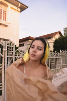 黑发女子裹着牛皮纸，背景是城市户外