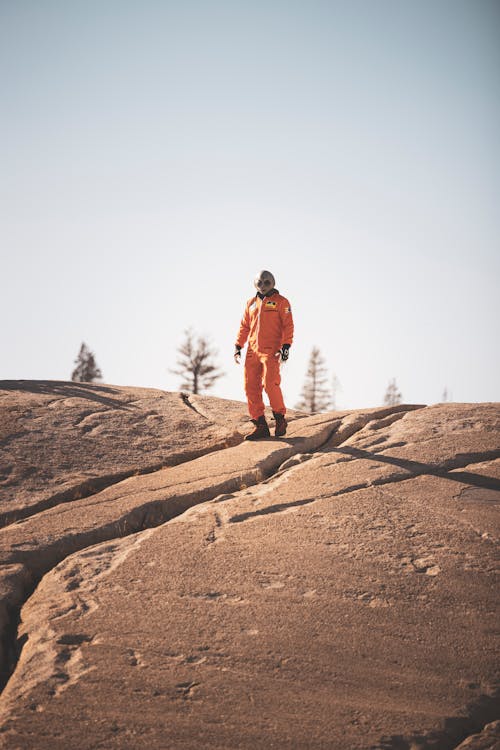 Person in an Alien Costume Standing on a Rocky Surface 