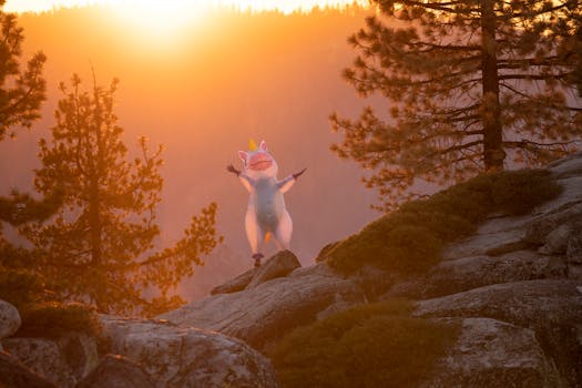 Captivating scene of a unicorn costume in a rocky forest at sunset, creating a whimsical and fun atmosphere.