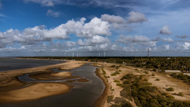 Scenic aerial view of Kalpitiya coastline with wind turbines and beach, NW Sri Lanka.