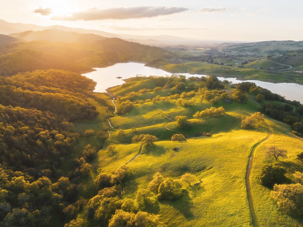 An aerial view of a green valley with a lake