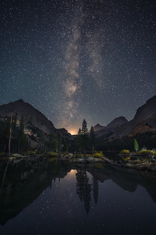 The milky way over a lake with mountains in the background