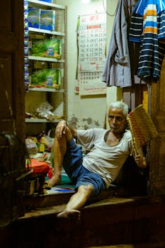 An elderly man sits in a small shop surrounded by items, creating a peaceful and local vibe.