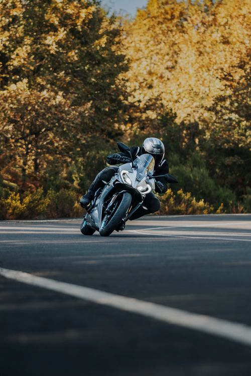 Free A motorcyclist rides through a scenic road surrounded by autumn foliage, showcasing speed and excitement. Stock Photo