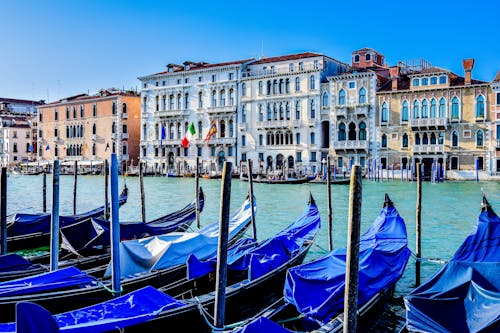 Gondolas Moored on Canal in Venice