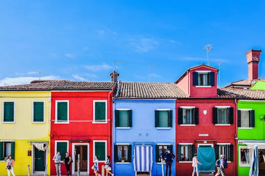 Vibrant townhouses with colorful facades in Burano, Italy, under a clear sky.