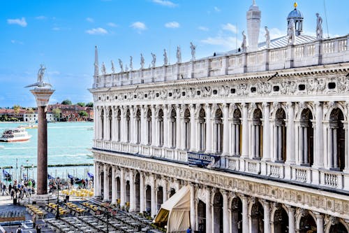 View of the Column and Facade of the Marciana Library in Saint Marks Sqaure in Venice, Italy