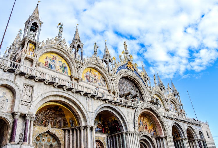 Low Angle Shot Of The Facade Of The St Marks Basilica At Piazza San Marco