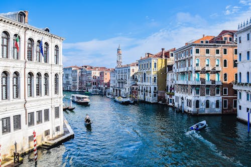 View of the Grand Canal, Gondolas and Residential Buildings on the Sides of the Canal, Venice, Italy 