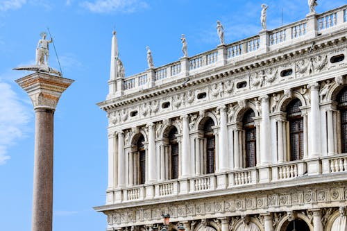 View of the Column and Facade of the Marciana Library in Saint Marks Sqaure in Venice, Italy 