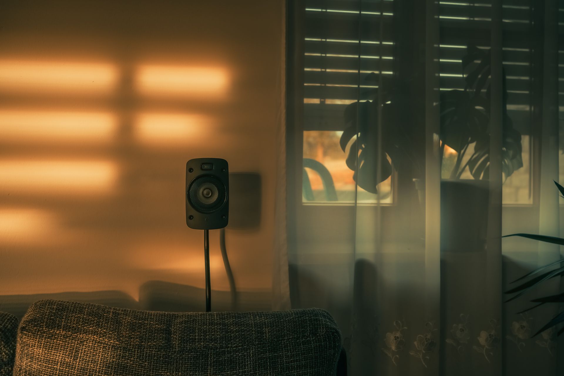 Warm sunset light casting shadows in a cozy living room with a speaker and potted plant.