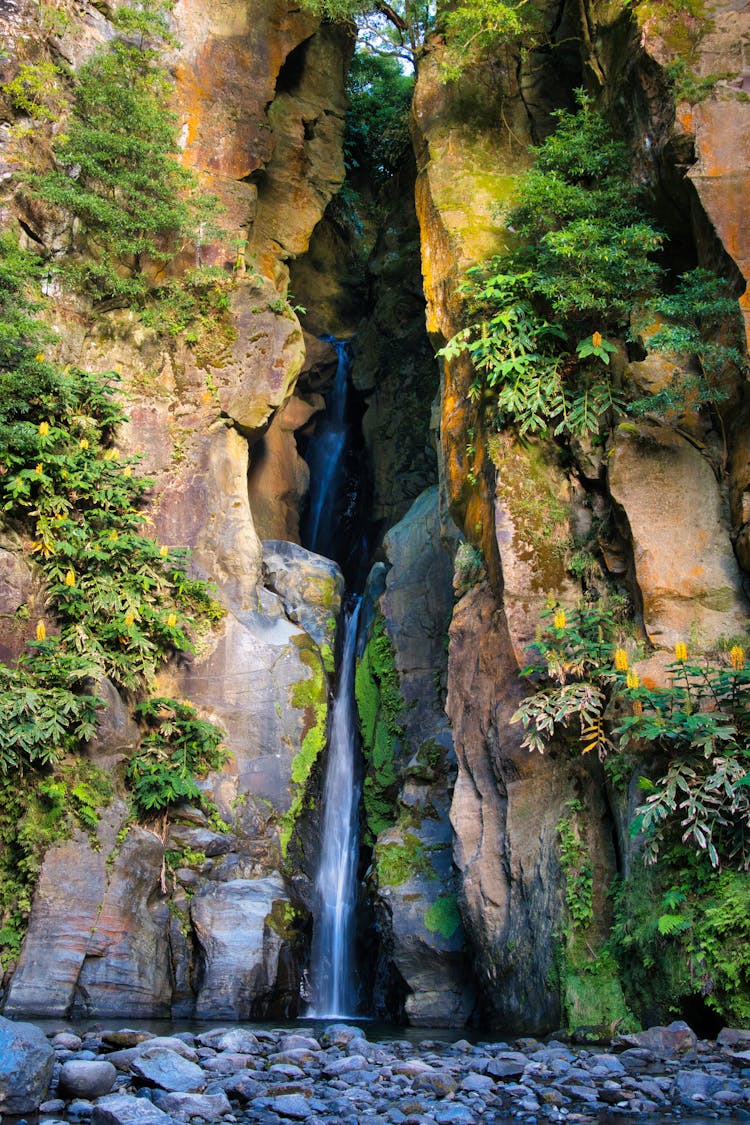 Salto Do Cabrito Waterfall Flowing Between Steep Rocks, São Miguel, Azores