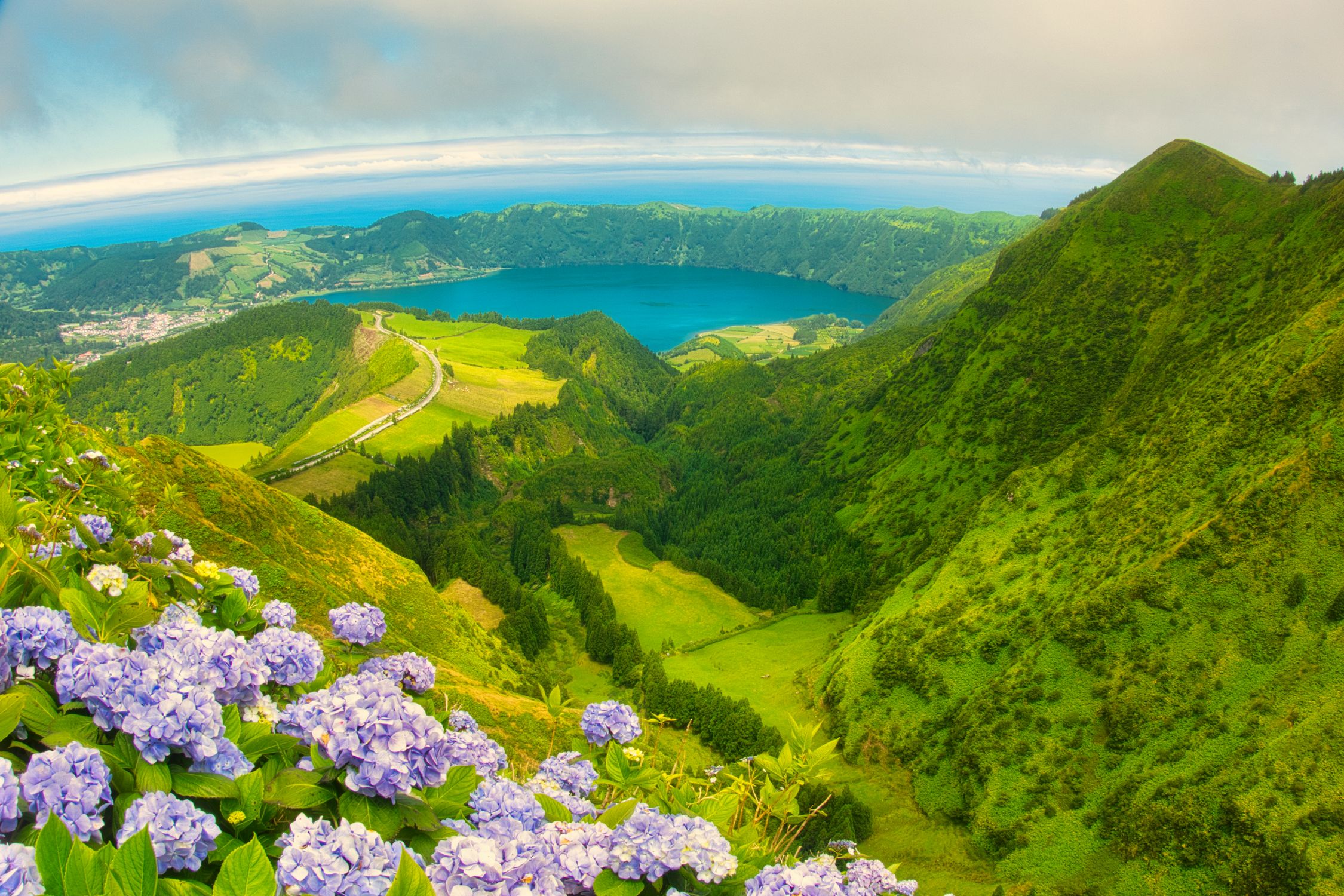Panoramic view of Sete Cidades caldera with vibrant blue hydrangeas and lush green hills in the Azores