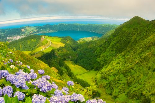 Free Breathtaking panoramic view of Sete Cidades in Azores with vibrant hydrangeas and lush green landscape. Stock Photo