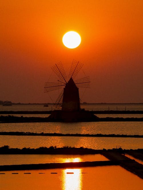 Windmill and Polders at Sunset