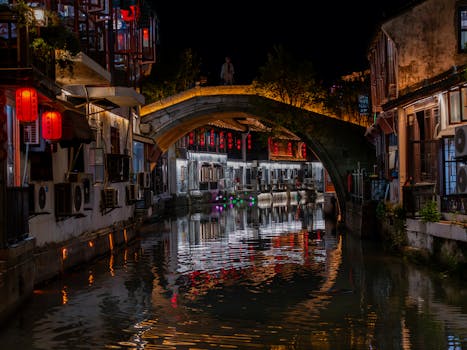 Scenic night view of illuminated canal and bridge in Suzhou, China, reflecting vibrant lights.