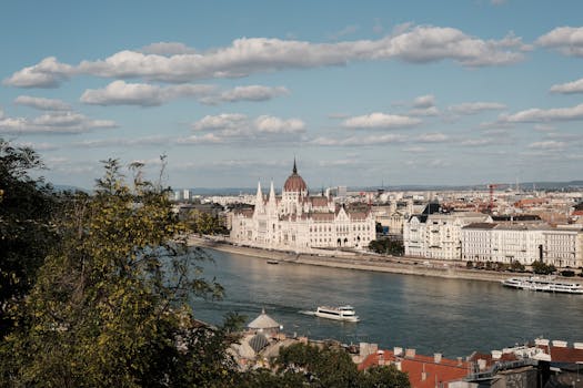 A breathtaking view of the Hungarian Parliament Building along the Danube River in Budapest, Hungary.