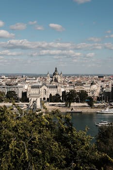 Panoramic view of Budapest skyline with Danube River, featuring iconic landmarks and historic architecture.