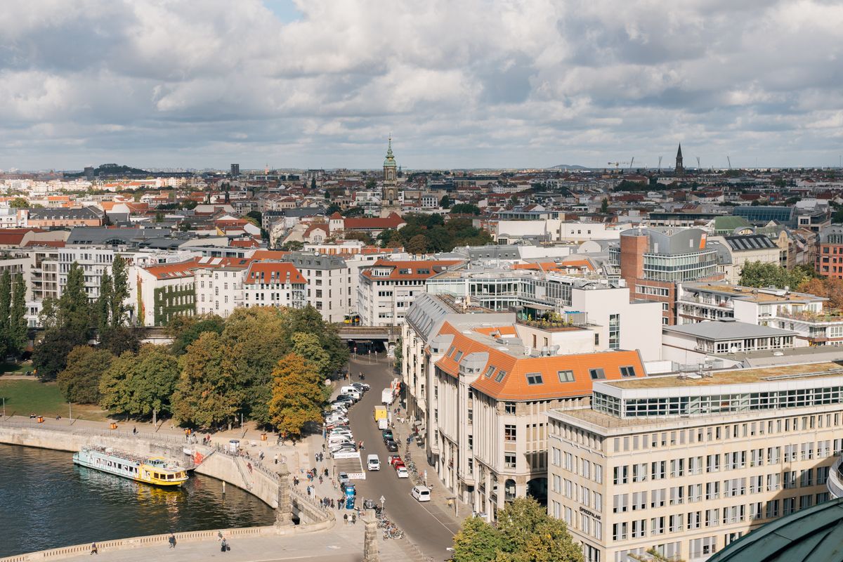 Berlin architecture, river and green parks