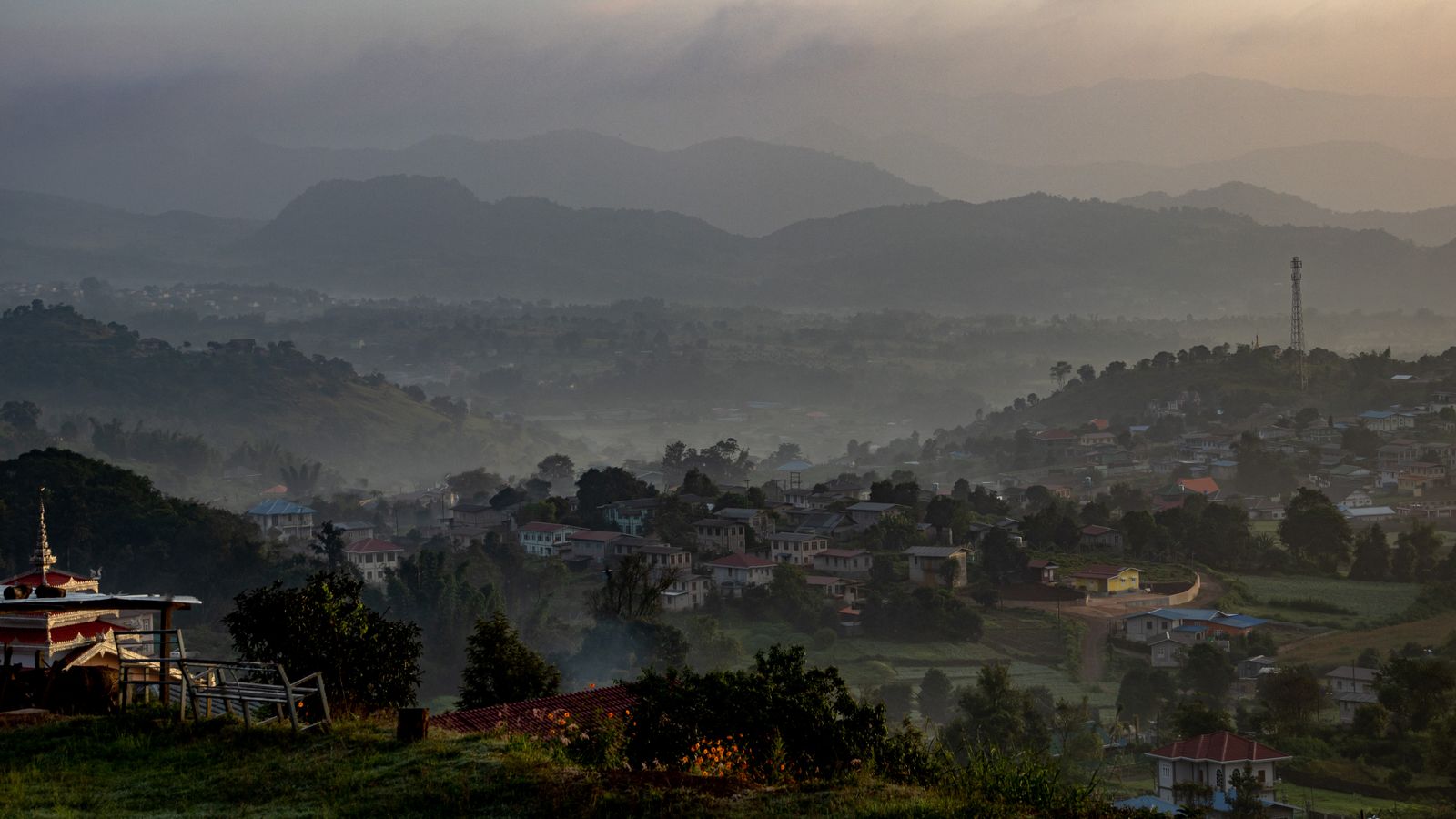 Town surrounded by mountains and hills at dusk, Madagascar