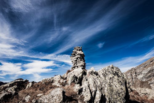 View of a Rock Formation in Mountains under Blue Sky 