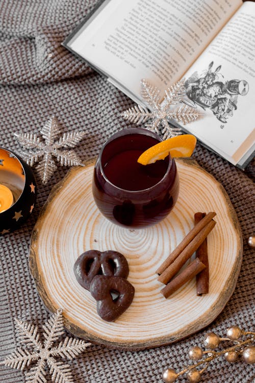 Wooden Tray with Tea, Chocolate and Cinnamon Rolls