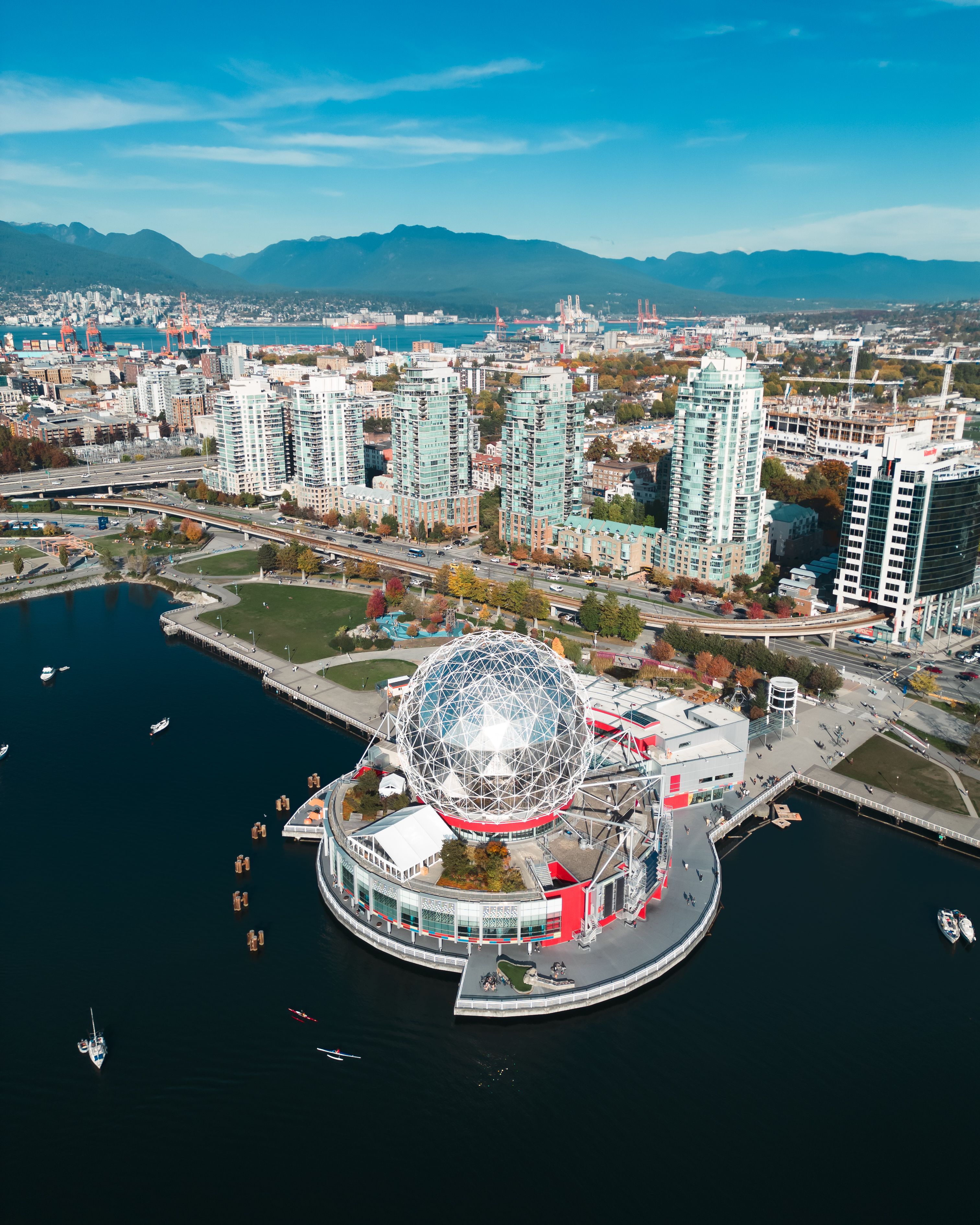 A breathtaking aerial view of Science World and Vancouver skyline.