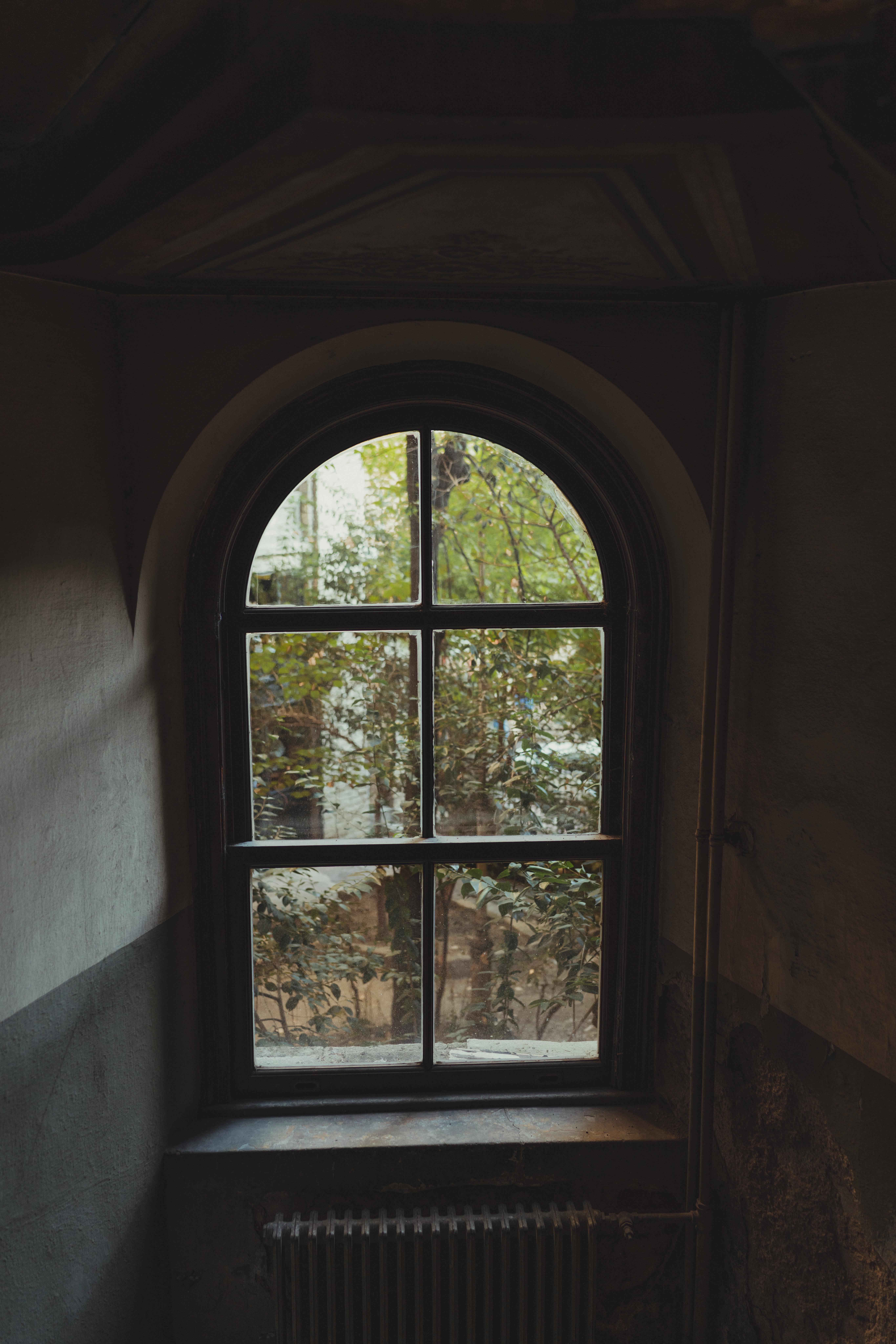 An atmospheric view through a vintage arch window framing outdoor greenery.