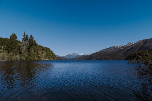 Scenic View of a Lake in a Valley under a Clear, Blue Sky 