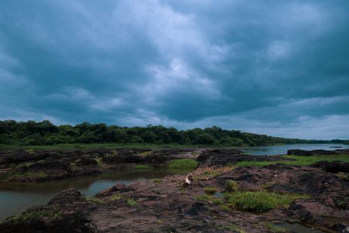 Free Explore a dramatic cloudy river landscape with lush greenery and rocky shoreline, perfect for nature enthusiasts. Stock Photo
