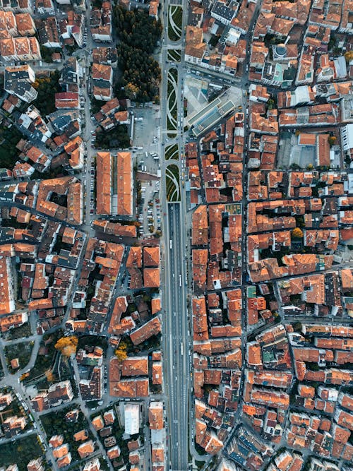 Road Among House Buildings Seen From Above 
