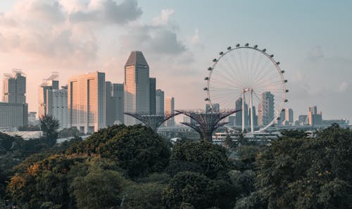 Skyline of Singapore with View of the Singapore Flyer at Sunset