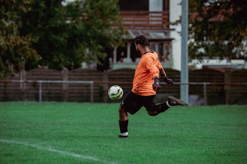 arkadan görünüm, çim alan, Futbol içeren Ücretsiz stok fotoğraf