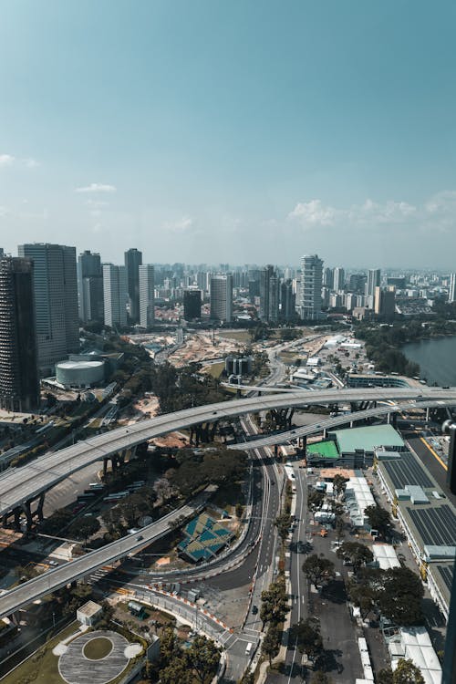 Aerial View of a Modern City with Elevated Roads 