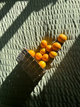 A rustic basket of oranges spilled on a textured surface, basking in natural sunlight.