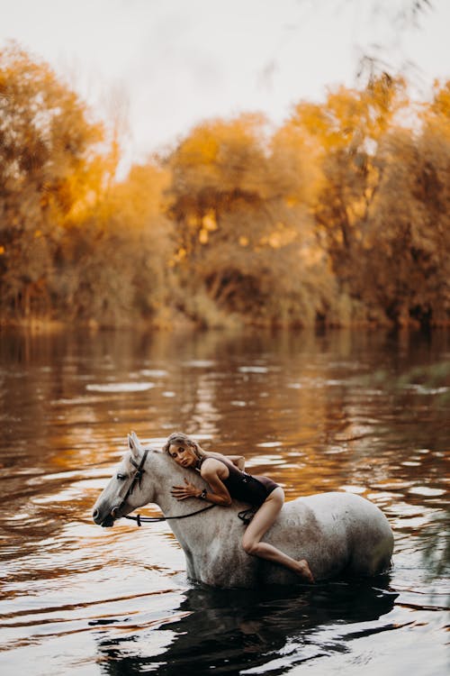 Woman Sitting on a Horse in a River 