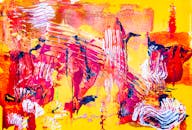 这幅动态抽象画以生动的红、黄和白色调，展现了富有表现力的笔触