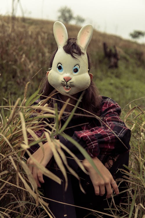 Woman with Bunny Mask Posing Among Grass on Meadow