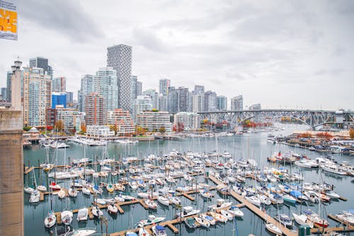 View of Boats in False Creek Harbor in Vancouver, British Columbia, Canada