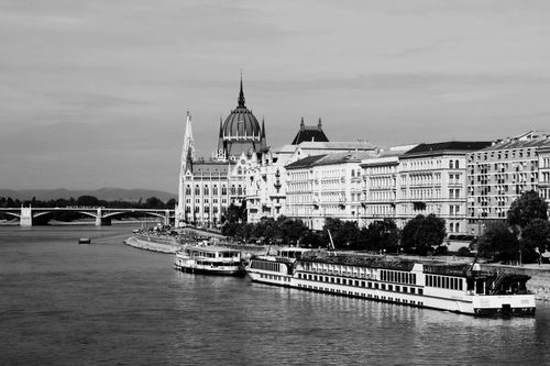 Free Black and white view of the Hungarian Parliament Building by the Danube in Budapest. Stock Photo