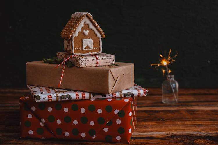 Gingerbread House On Wrapped Christmas Gifts