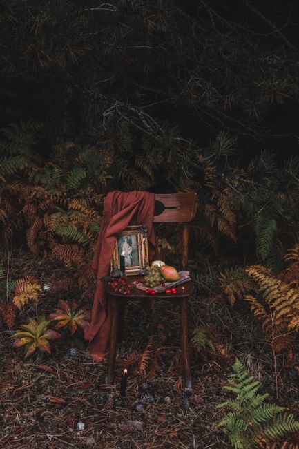 A rustic scene with a chair, autumn leaves, and vintage items creating an artistic still life outdoors.