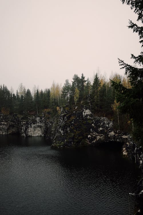 Cliffs and Trees Surrounding a Body of Water 