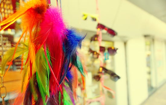 热闹的市场里展出了色彩缤纷的羽毛和太阳镜