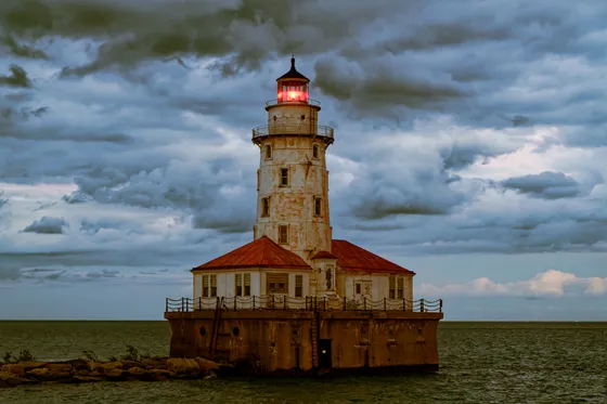 A lighthouse on the Lake Michigan shoreline