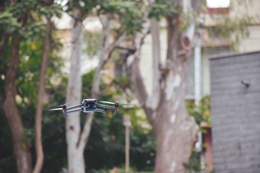 A drone flying amongst tall trees in a park in Bengaluru, India.