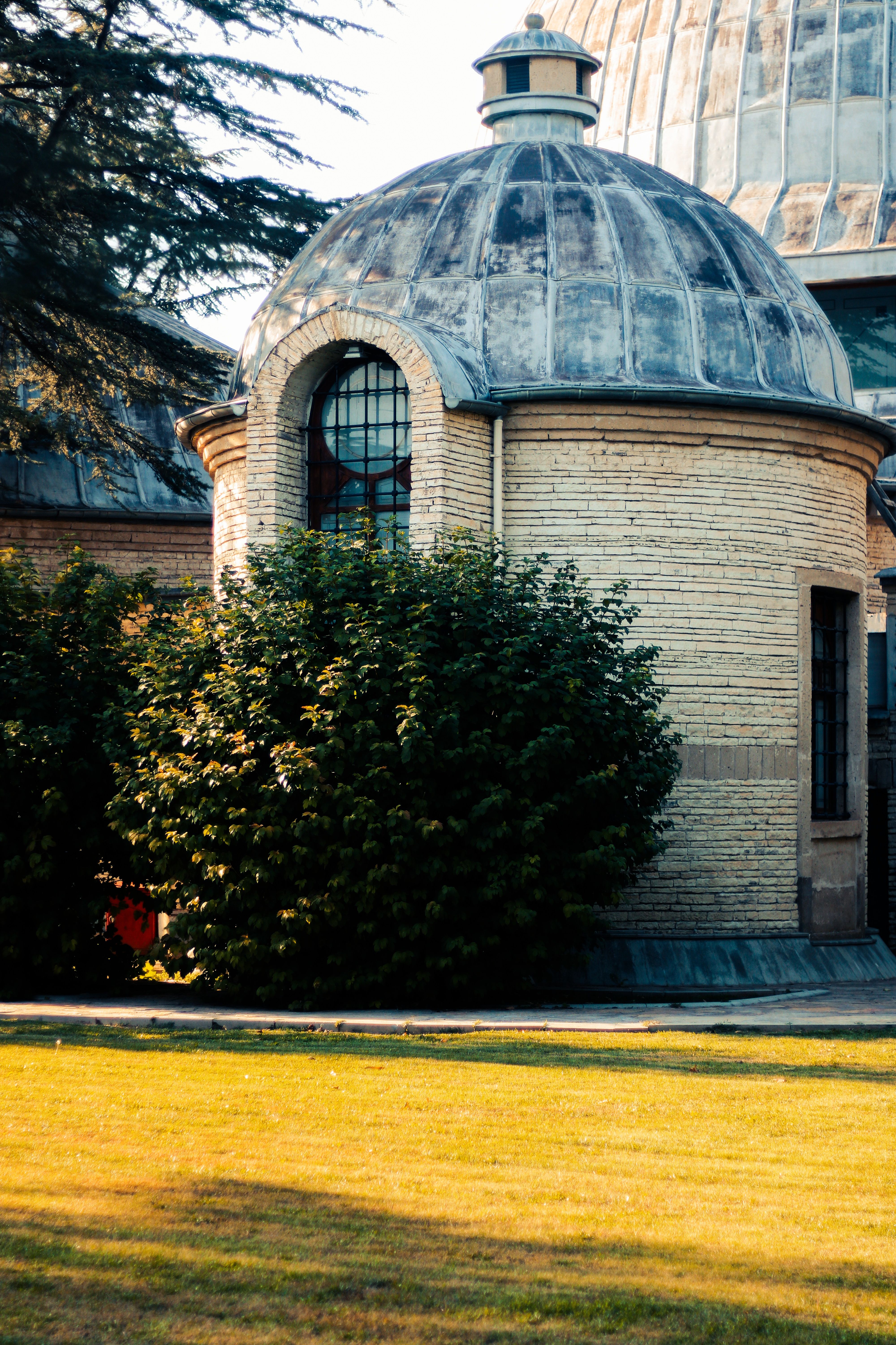 Facade of a Round Building with Grass and Shrubs in the front · Free ...
